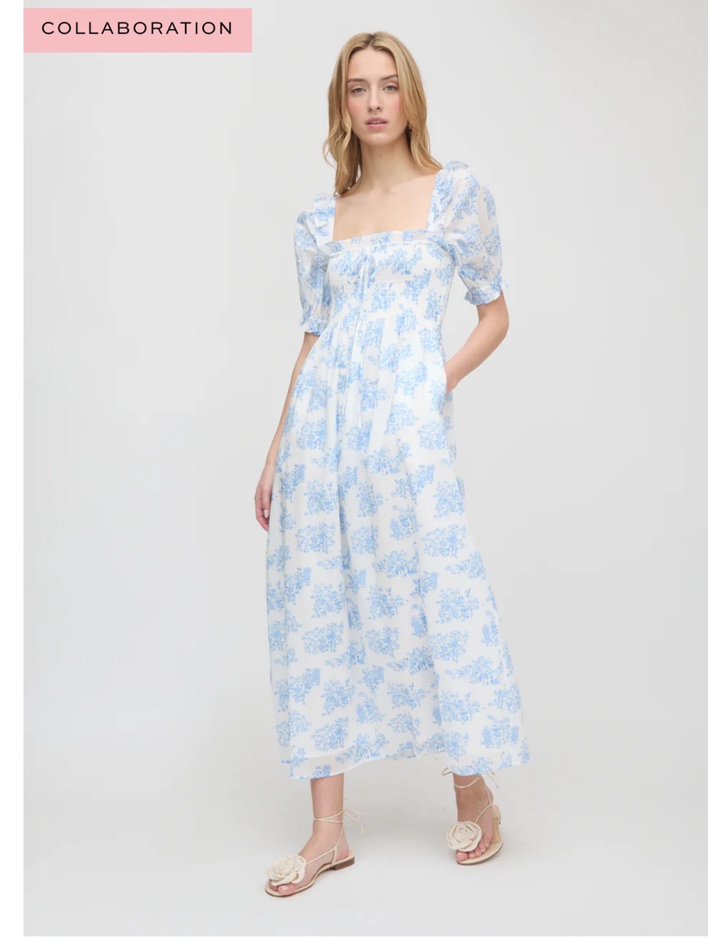 Hill House White Midi Dress with Light Blue Floral Print